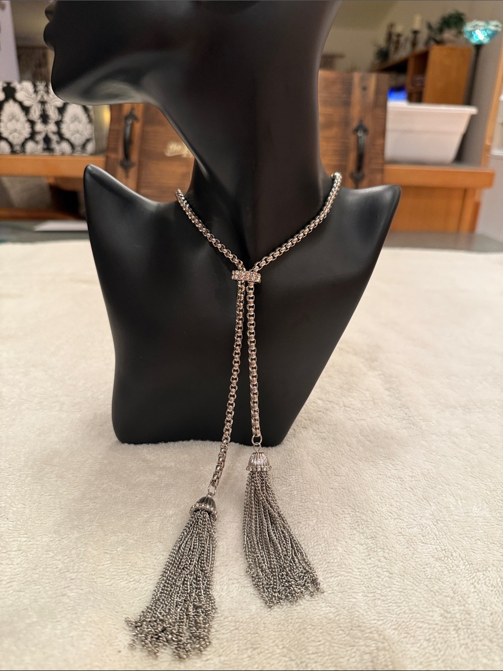 Elegant Silver & Crystal Tassel Lariat Necklace